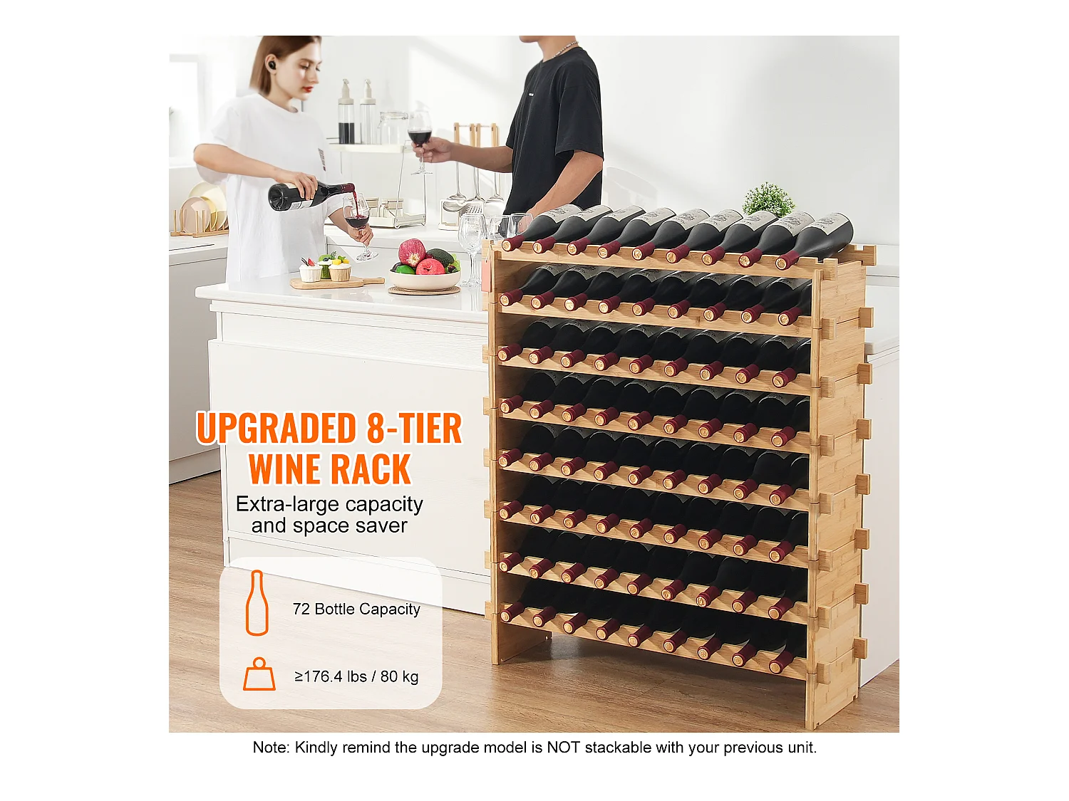 Stojak na Wino, SucceBuy 8-poziomowy Modułowy Stojak na Wino na 72 Butelki, Półka z Drewna Bambusowego