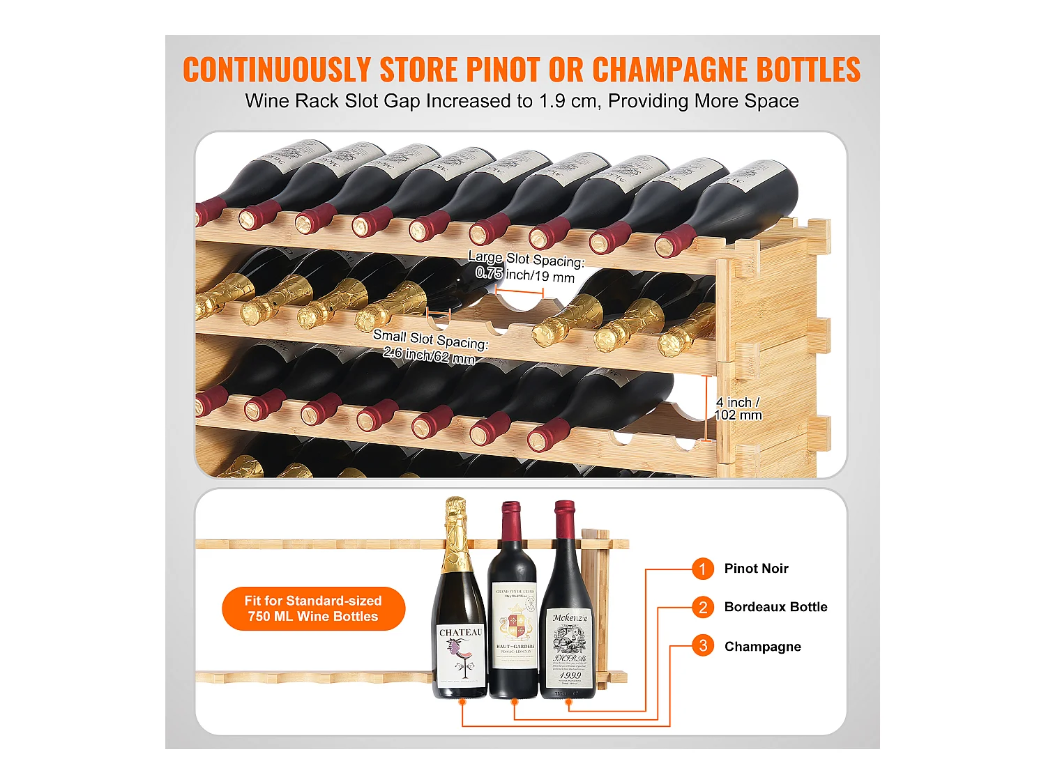 Stojak na Wino, SucceBuy 8-poziomowy Modułowy Stojak na Wino na 72 Butelki, Półka z Drewna Bambusowego