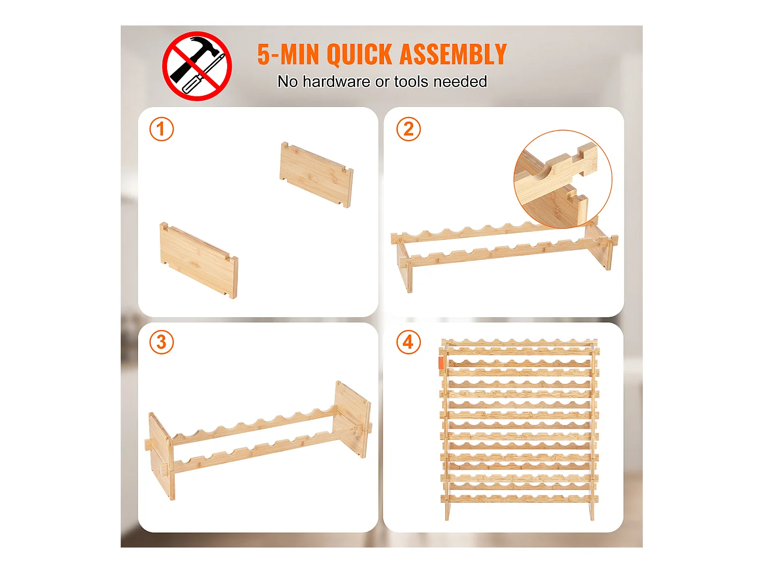 Stojak na Wino, SucceBuy 8-poziomowy Modułowy Stojak na Wino na 72 Butelki, Półka z Drewna Bambusowego