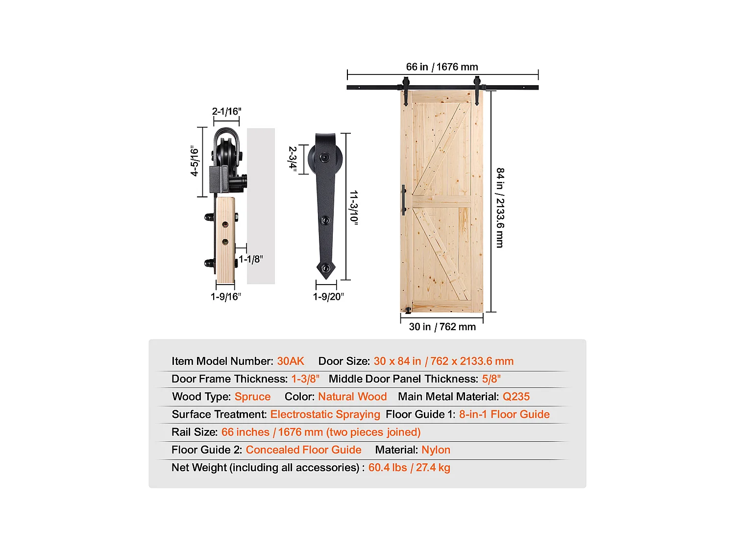 Kit de Porte SucceBuy de Grange et de Quincaillerie Kit de Porte de Grange Coulissante en Bois de 76.2Cm x213.3Cm en Douceur