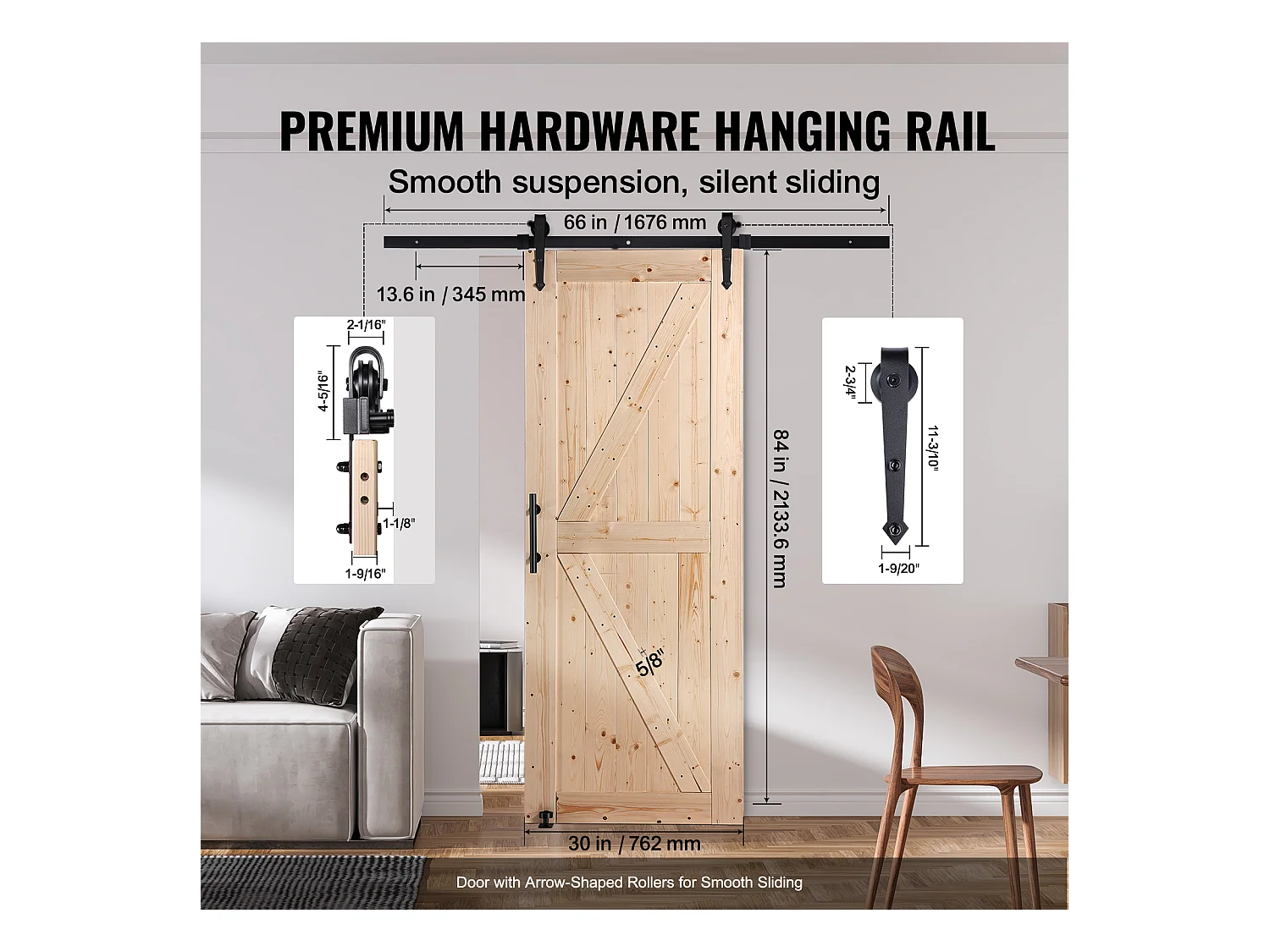 Kit de Porte SucceBuy de Grange et de Quincaillerie Kit de Porte de Grange Coulissante en Bois de 76.2Cm x213.3Cm en Douceur