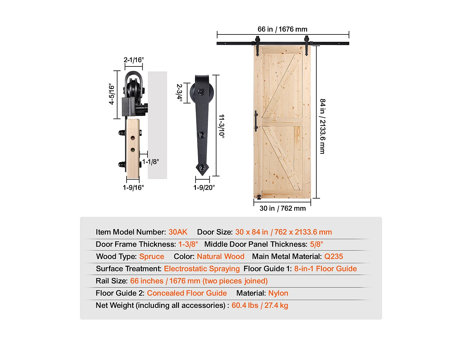 Kit de Porte SucceBuy de Grange et de Quincaillerie Kit de Porte de Grange Coulissante en Bois de 76.2Cm x213.3Cm en Douceur