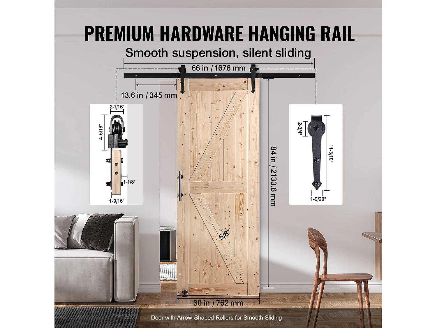 Kit de Porte SucceBuy de Grange et de Quincaillerie Kit de Porte de Grange Coulissante en Bois de 76.2Cm x213.3Cm en Douceur
