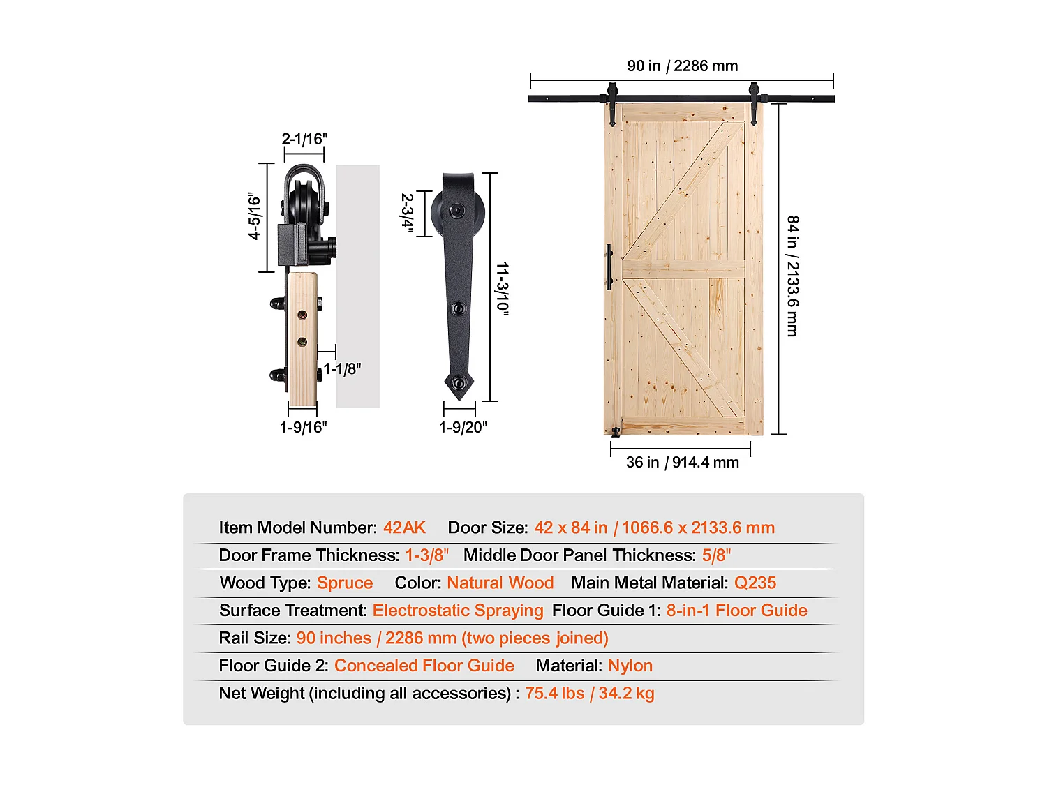 Schuurdeur en Hardwarekit SucceBuy 76.2Cm x 106.7Cm Houten Schuifdeurkit Glad