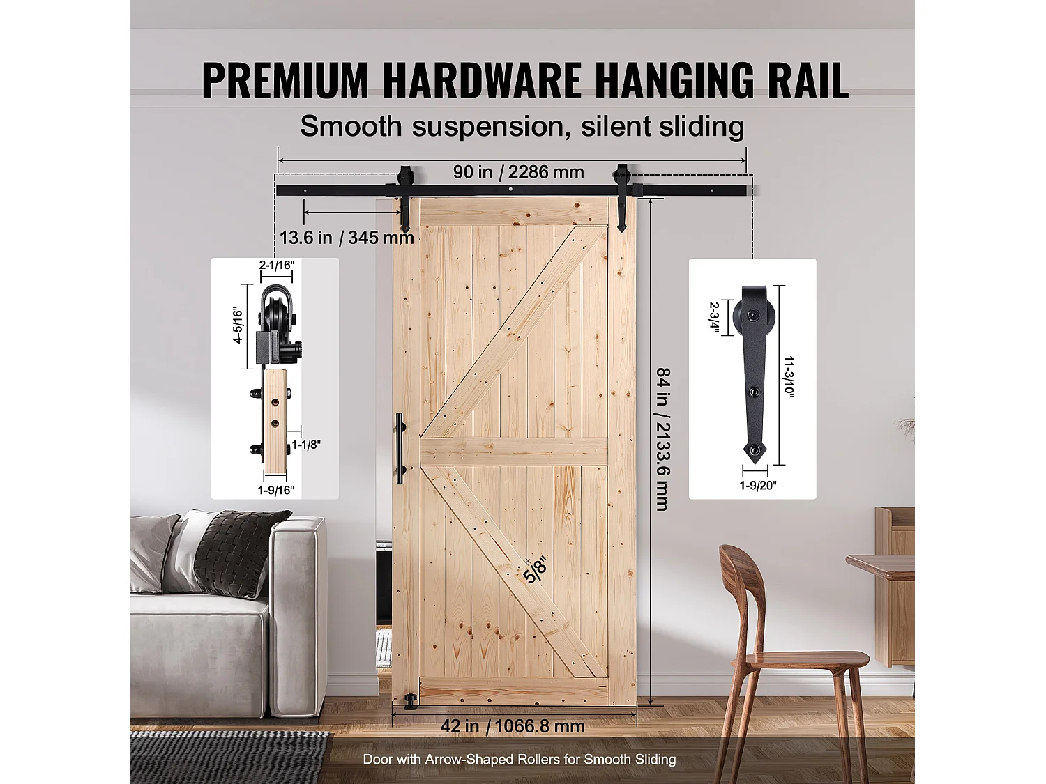 Schuurdeur en Hardwarekit SucceBuy 76.2Cm x 106.7Cm Houten Schuifdeurkit Glad