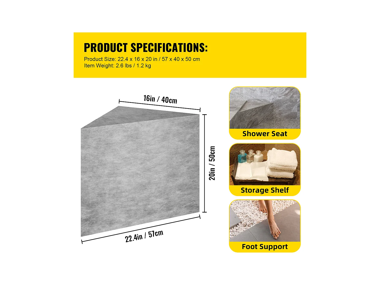 Tabouret de Douche, SucceBuy Banc de Douche Triangulaire, Prêt à Carreler et Imperméable, 57 x 40 x 50 cm
