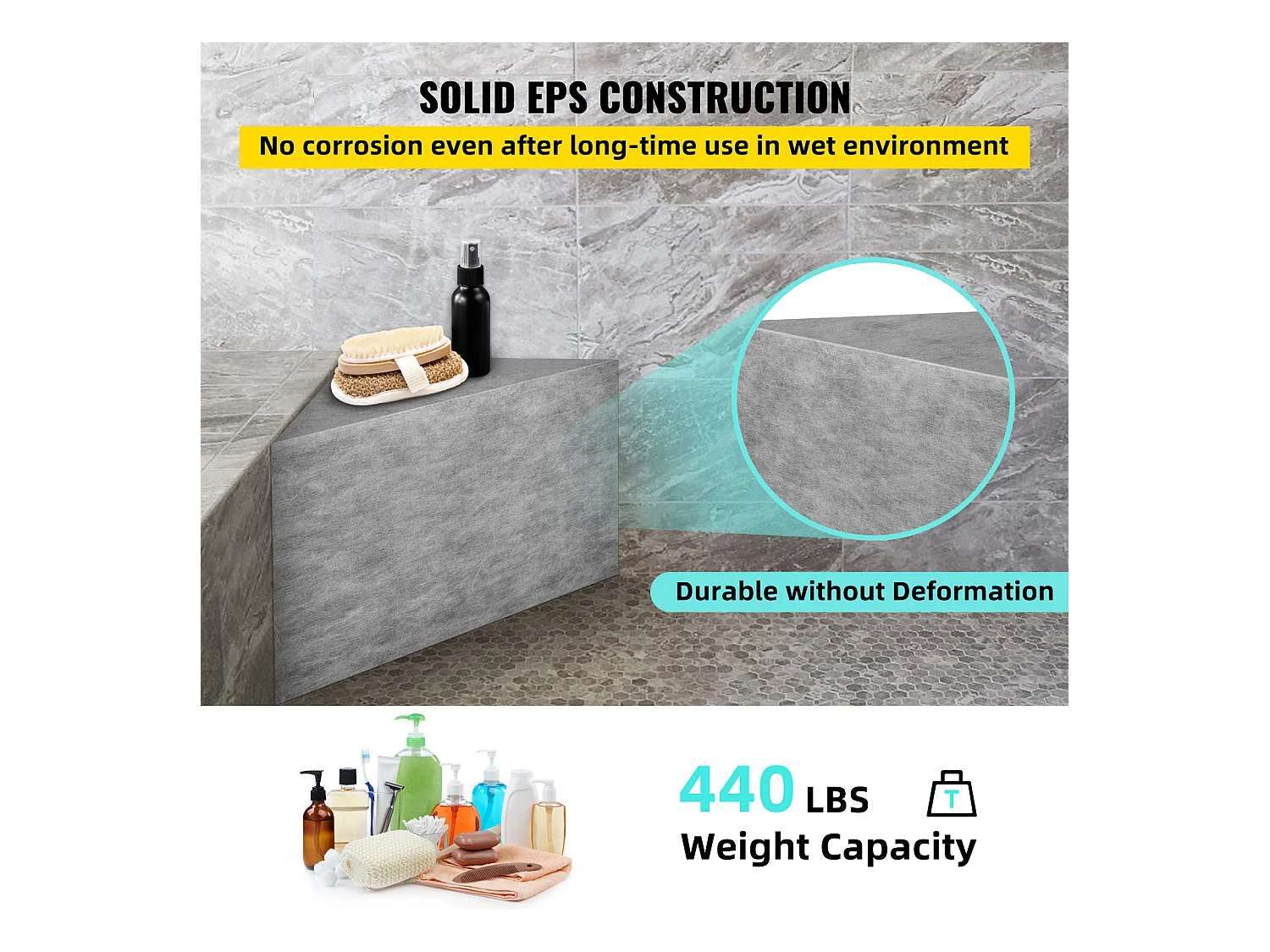 Tabouret de Douche, SucceBuy Banc de Douche Triangulaire, Prêt à Carreler et Imperméable, 57 x 40 x 50 cm