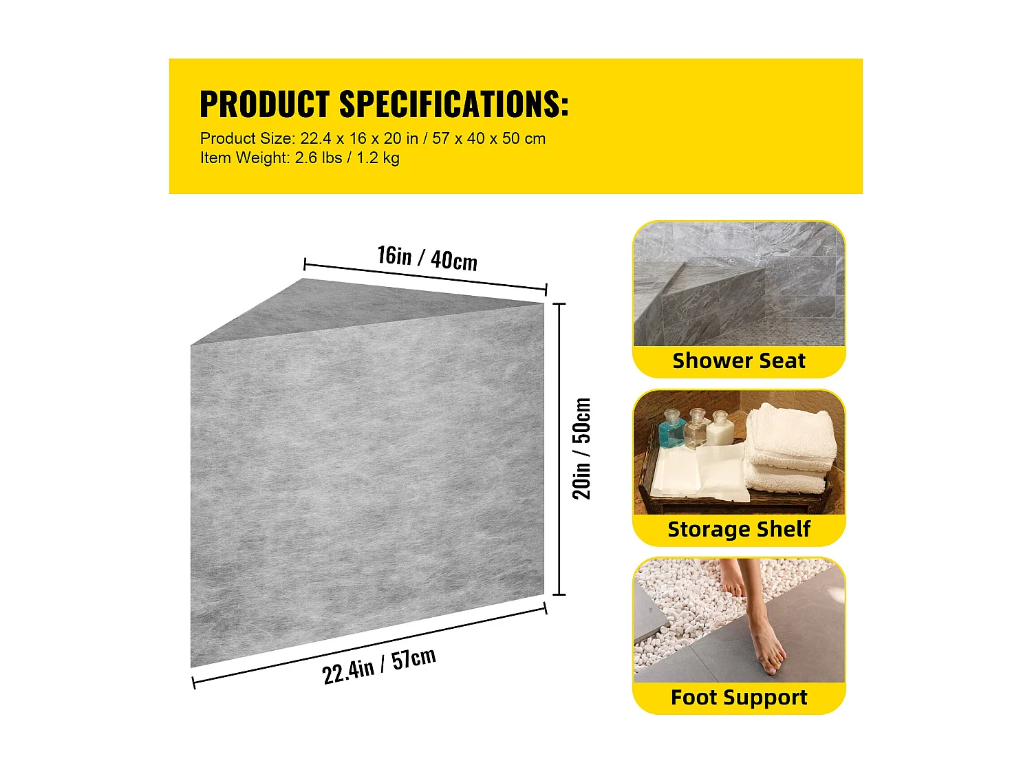 Duschhocker, SucceBuy Dreieckige Duschbank, Fertig zum Befliesen und Wasserfest, 57 x 40 x 50 cm