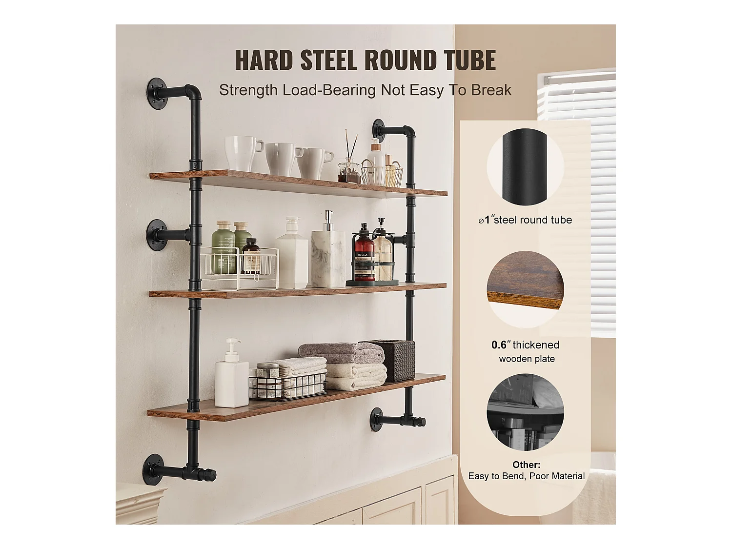 Étagère Mural, Étagère Industrielle à 3 Niveaux, 122 x 25 CM, Montage Mural pour Cuisine, Chambre à Coucher