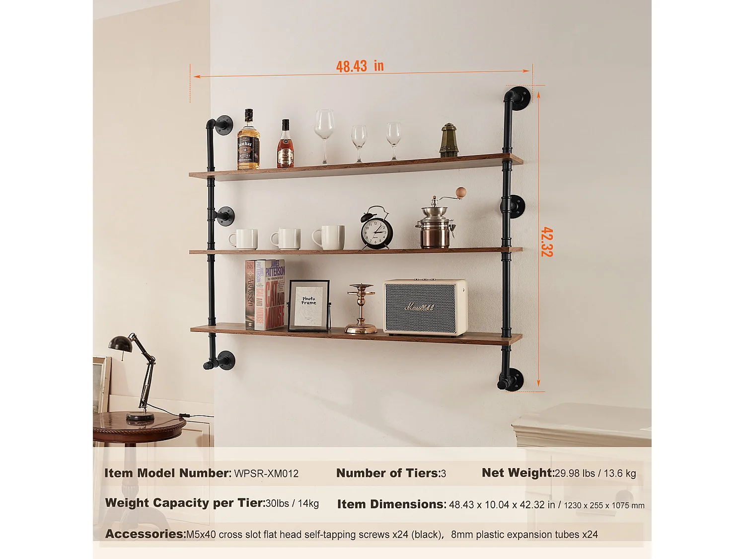 Étagère Mural, Étagère Industrielle à 3 Niveaux, 122 x 25 CM, Montage Mural pour Cuisine, Chambre à Coucher