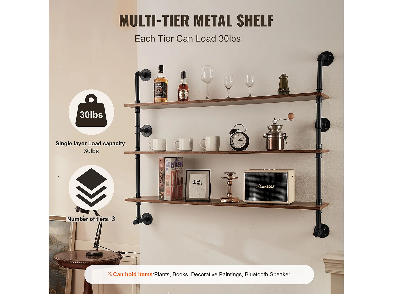 Étagère Mural, Étagère Industrielle à 3 Niveaux, 122 x 25 CM, Montage Mural pour Cuisine, Chambre à Coucher