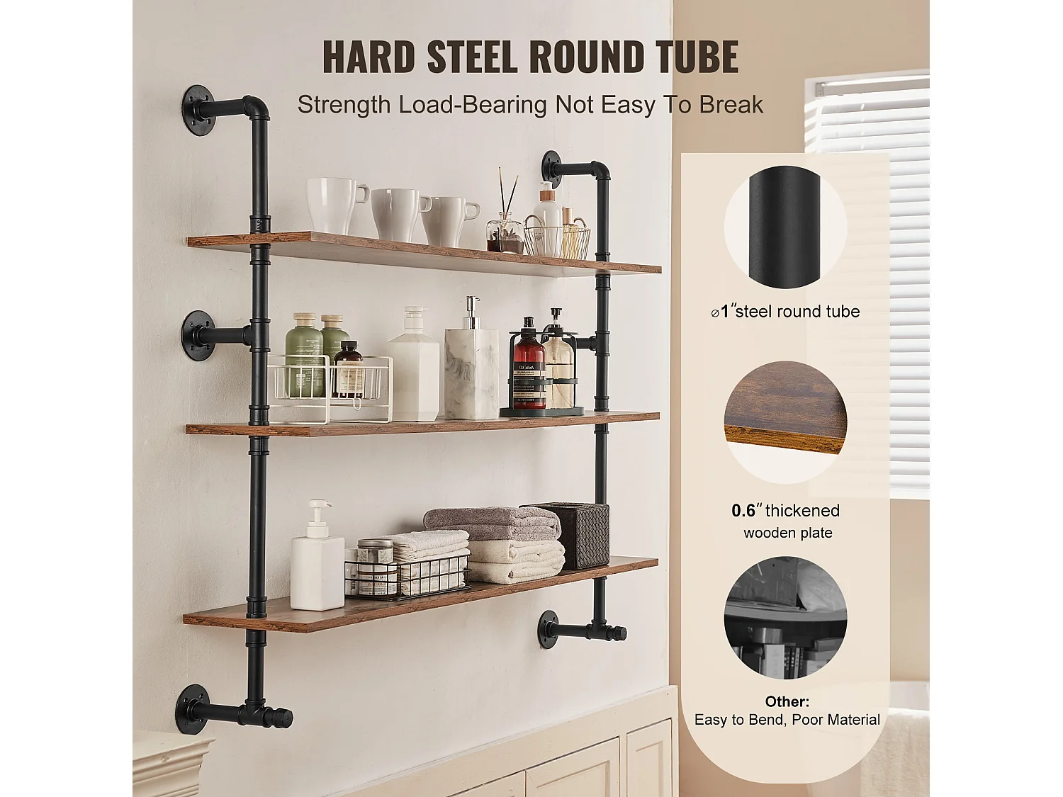 Étagère Mural, Étagère Industrielle à 3 Niveaux, 122 x 25 CM, Montage Mural pour Cuisine, Chambre à Coucher