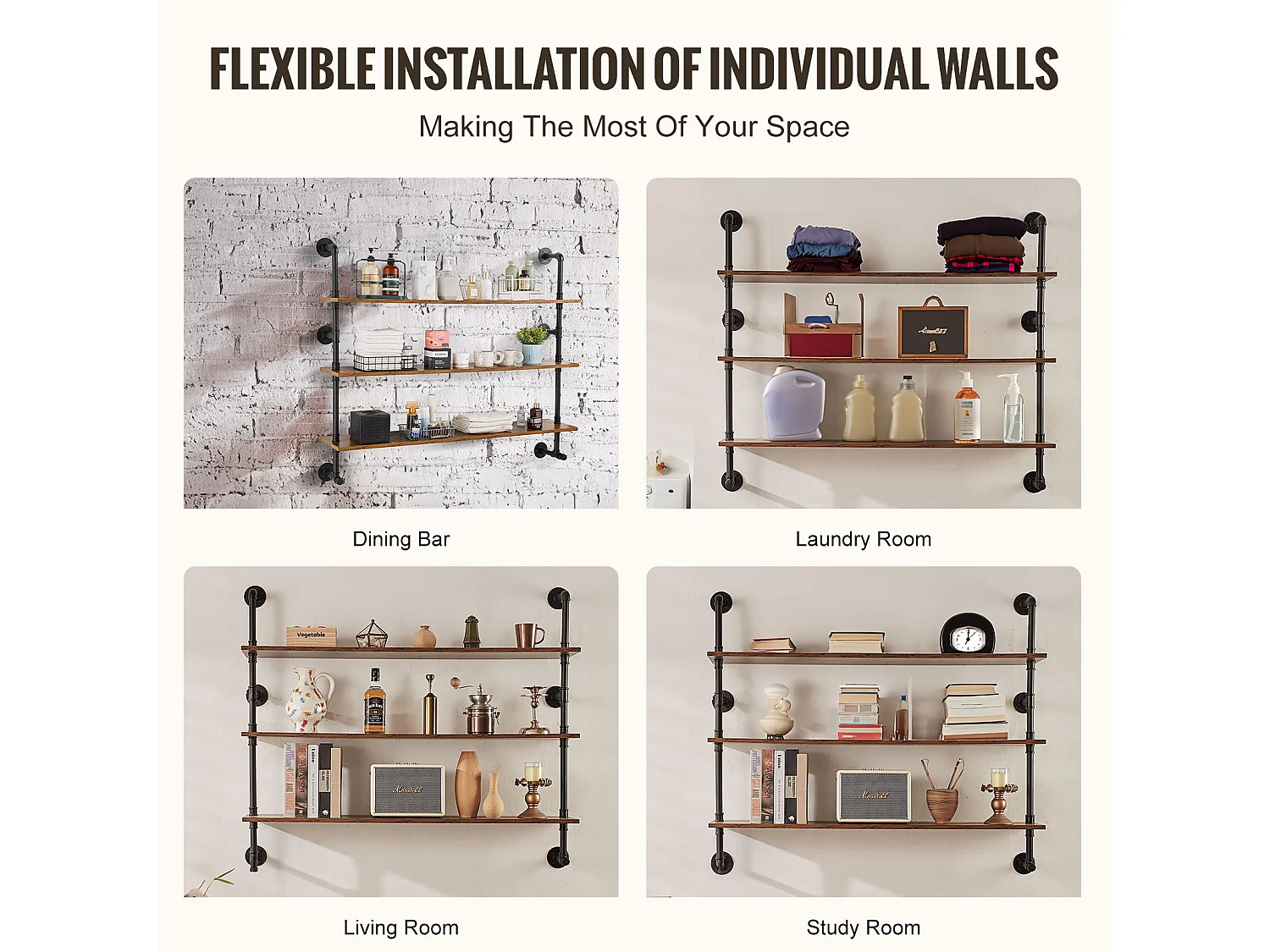 Étagère Mural, Étagère Industrielle à 3 Niveaux, 122 x 25 CM, Montage Mural pour Cuisine, Chambre à Coucher