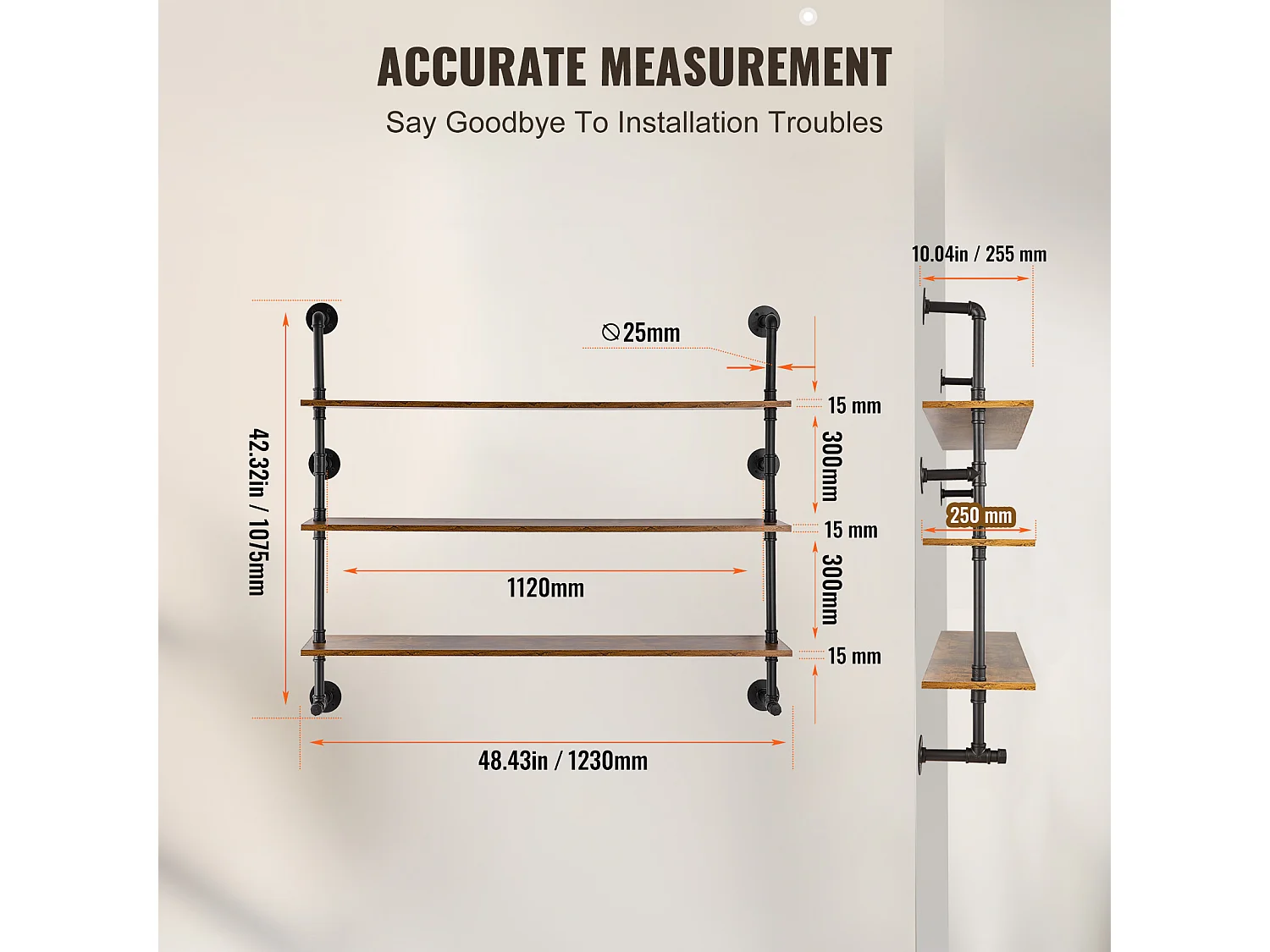 Étagère Mural, Étagère Industrielle à 3 Niveaux, 122 x 25 CM, Montage Mural pour Cuisine, Chambre à Coucher
