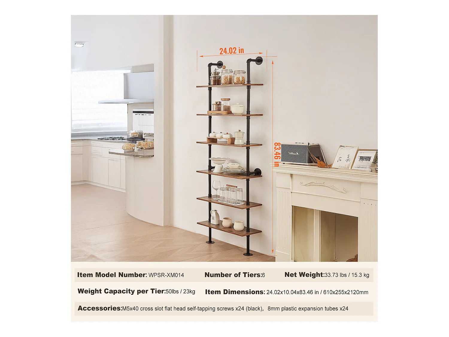 Étagère SucceBuy Étagère à 6 Niveaux 62 x 25 CM, Fixation Murale, Rangement, Bois/Métal, Noir, Salon