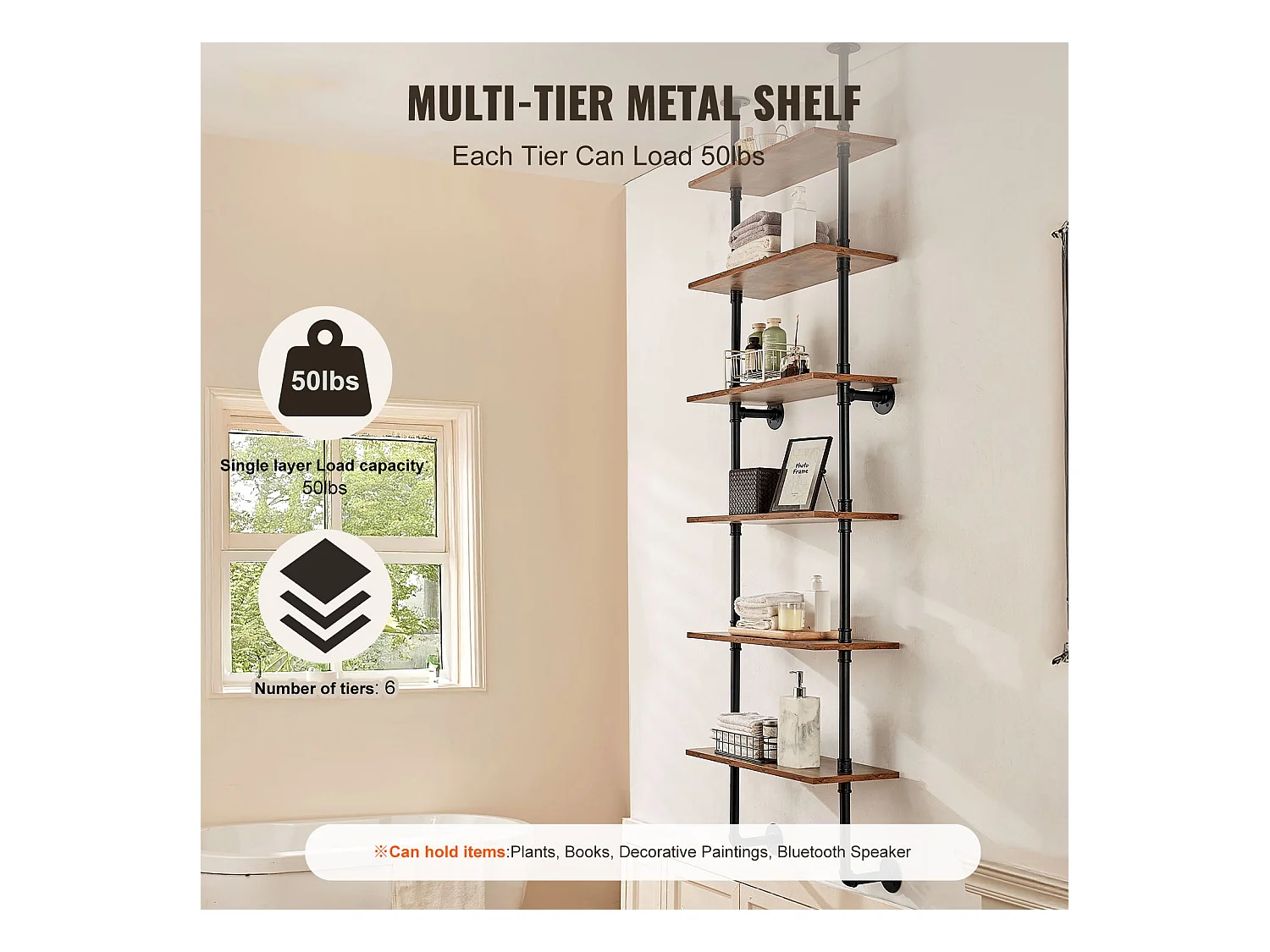 Étagère SucceBuy Étagère à 6 Niveaux 62 x 25 CM, Fixation Murale, Rangement, Bois/Métal, Noir, Salon