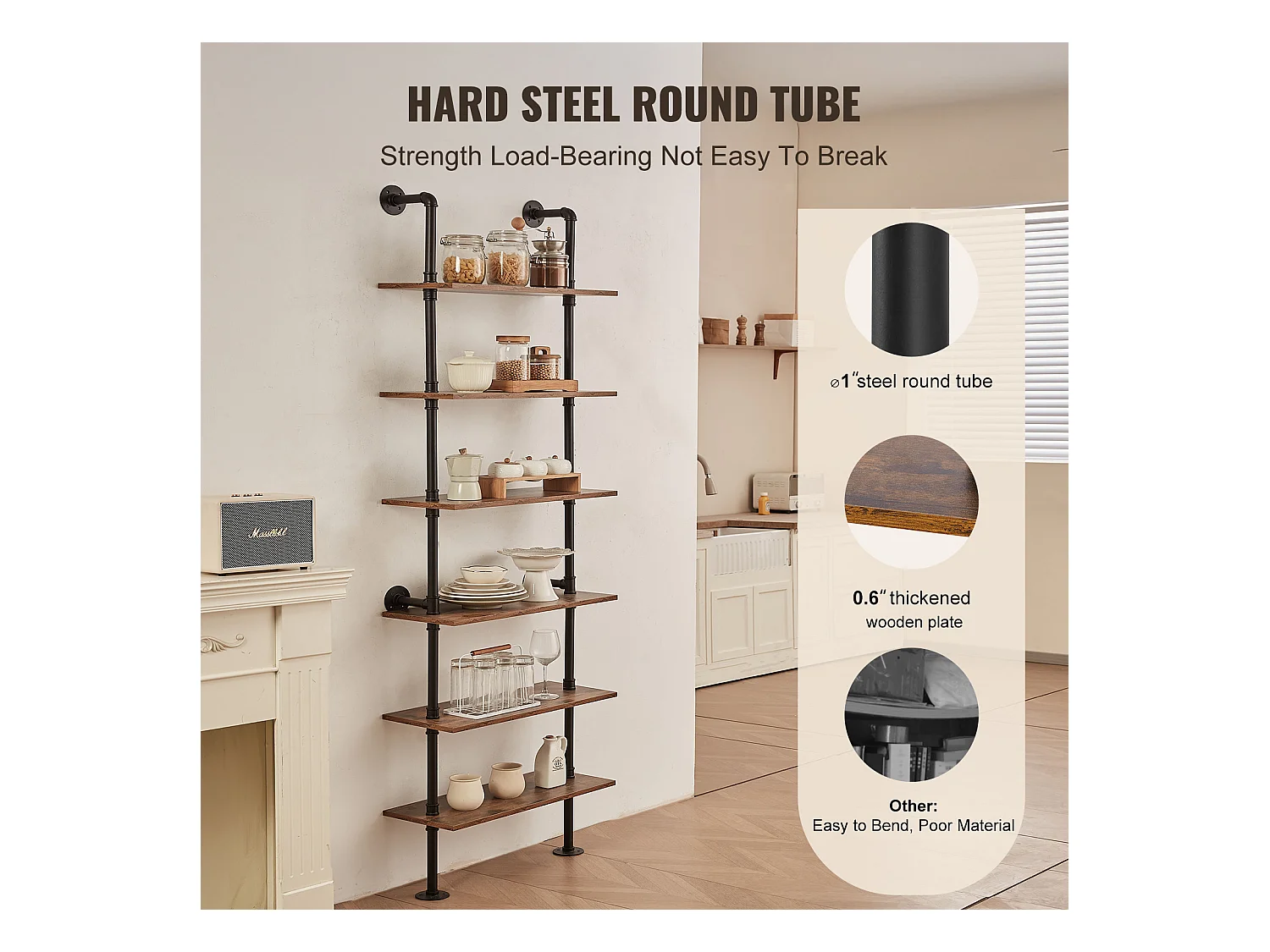 Étagère SucceBuy Étagère à 6 Niveaux 62 x 25 CM, Fixation Murale, Rangement, Bois/Métal, Noir, Salon