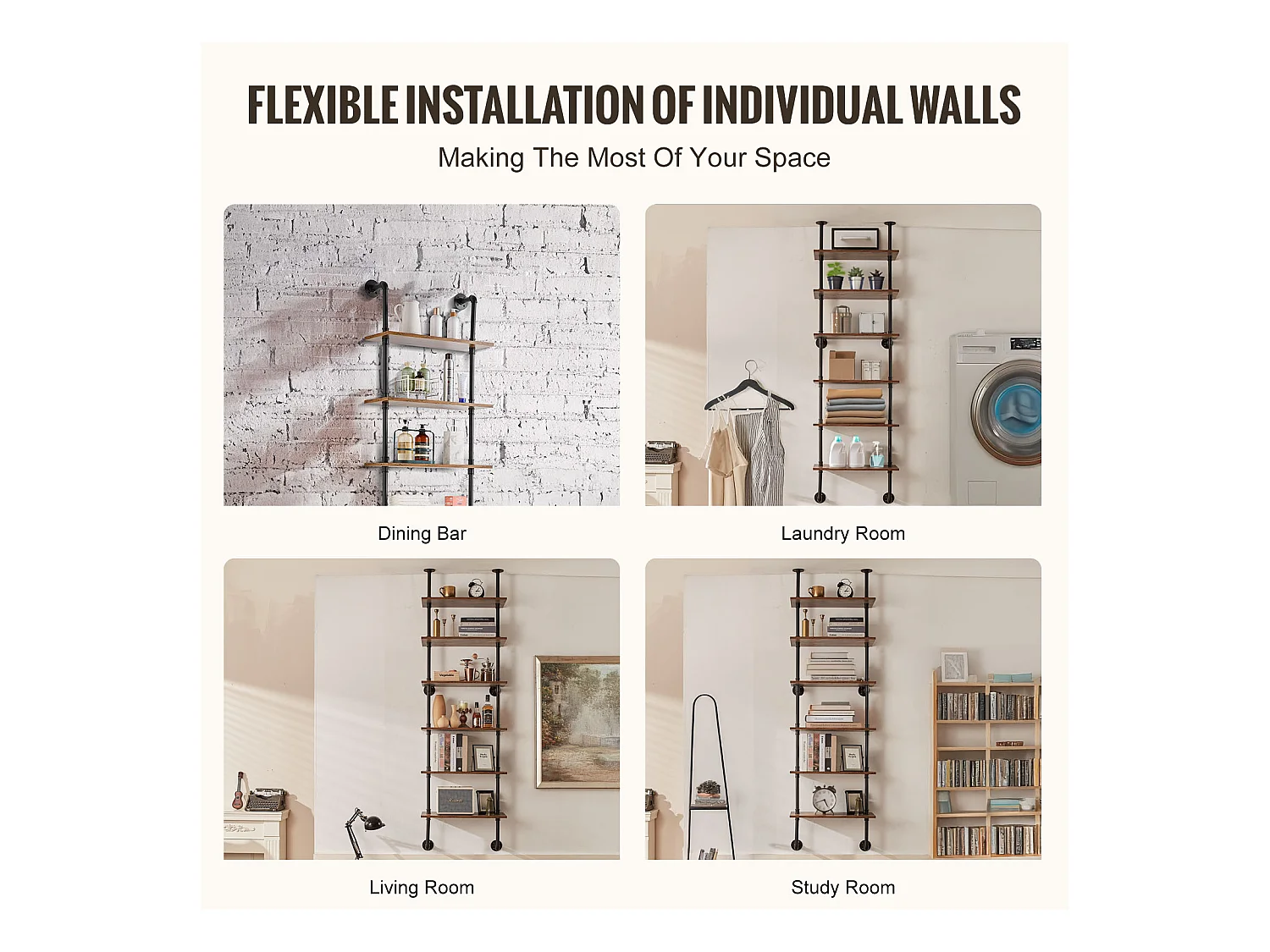 Étagère SucceBuy Étagère à 6 Niveaux 62 x 25 CM, Fixation Murale, Rangement, Bois/Métal, Noir, Salon