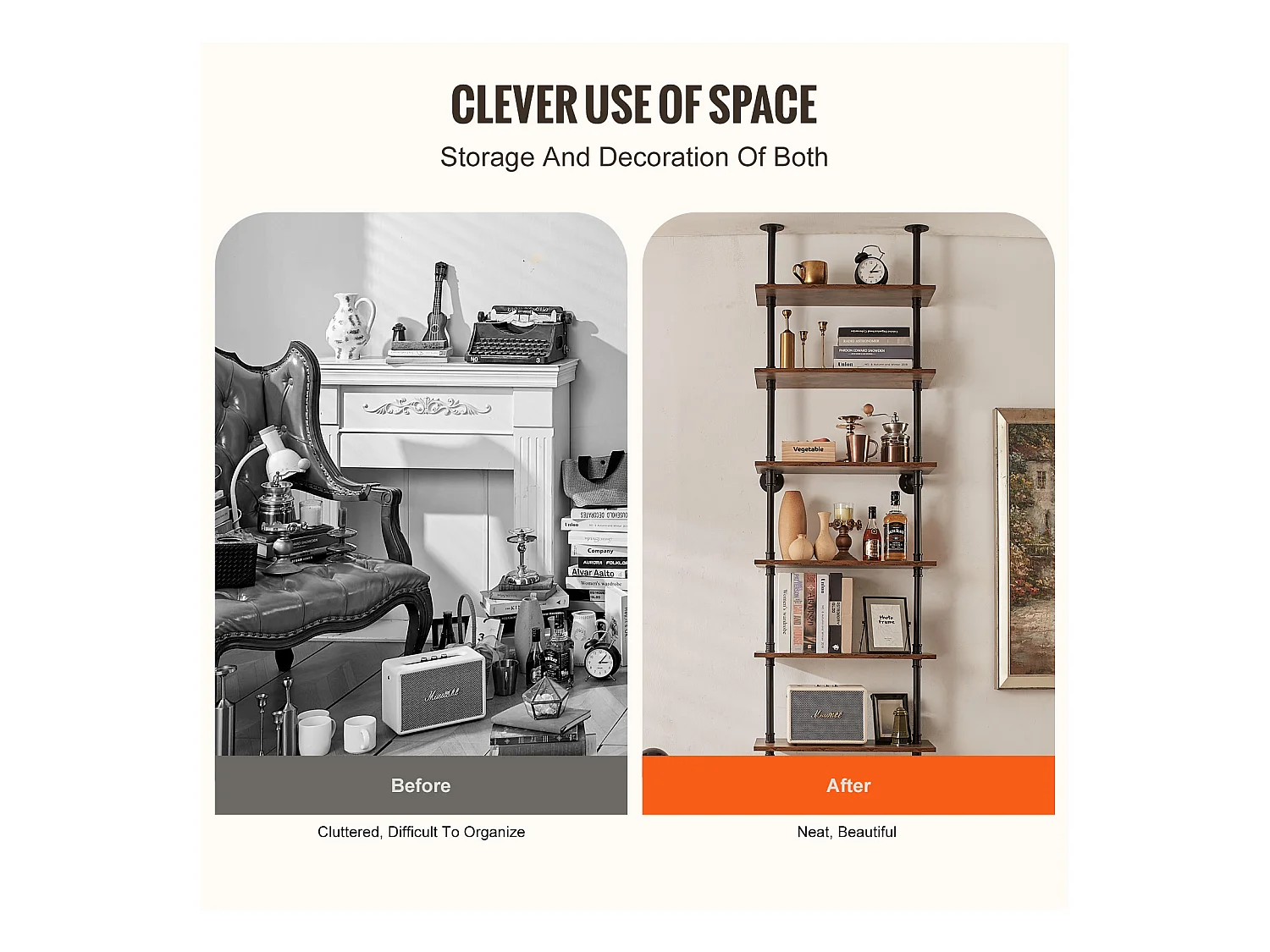 Étagère SucceBuy Étagère à 6 Niveaux 62 x 25 CM, Fixation Murale, Rangement, Bois/Métal, Noir, Salon