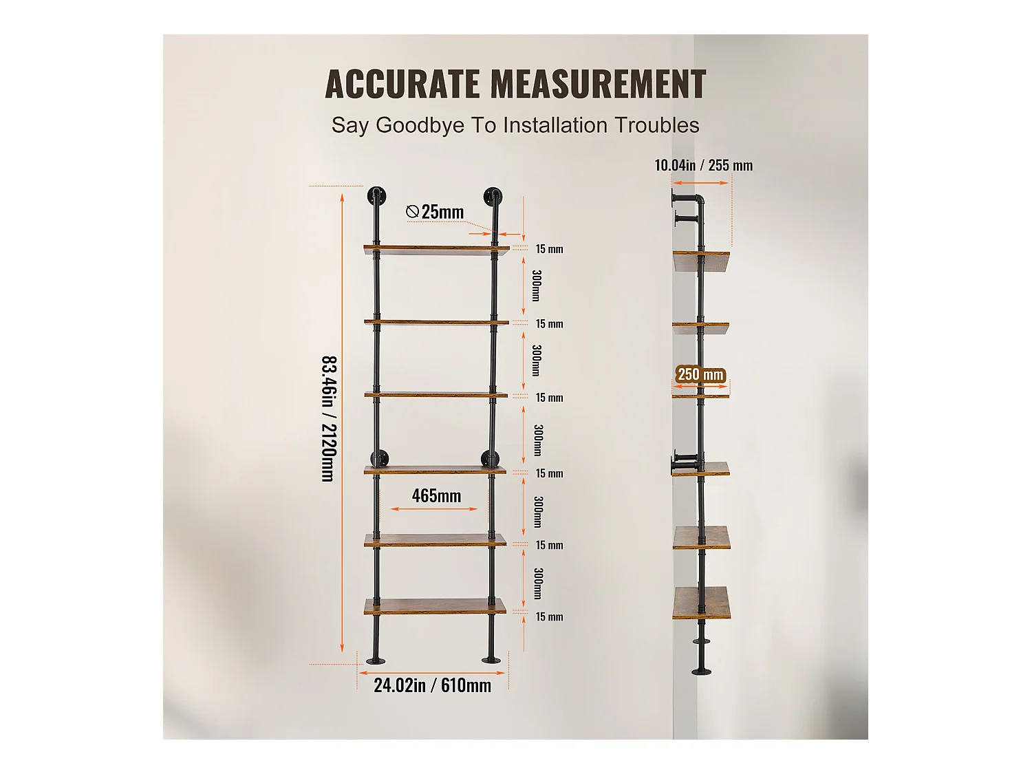 Étagère SucceBuy Étagère à 6 Niveaux 62 x 25 CM, Fixation Murale, Rangement, Bois/Métal, Noir, Salon