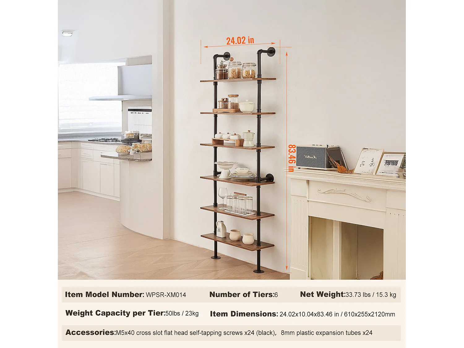 Étagère SucceBuy Étagère à 6 Niveaux 62 x 25 CM, Fixation Murale, Rangement, Bois/Métal, Noir, Salon