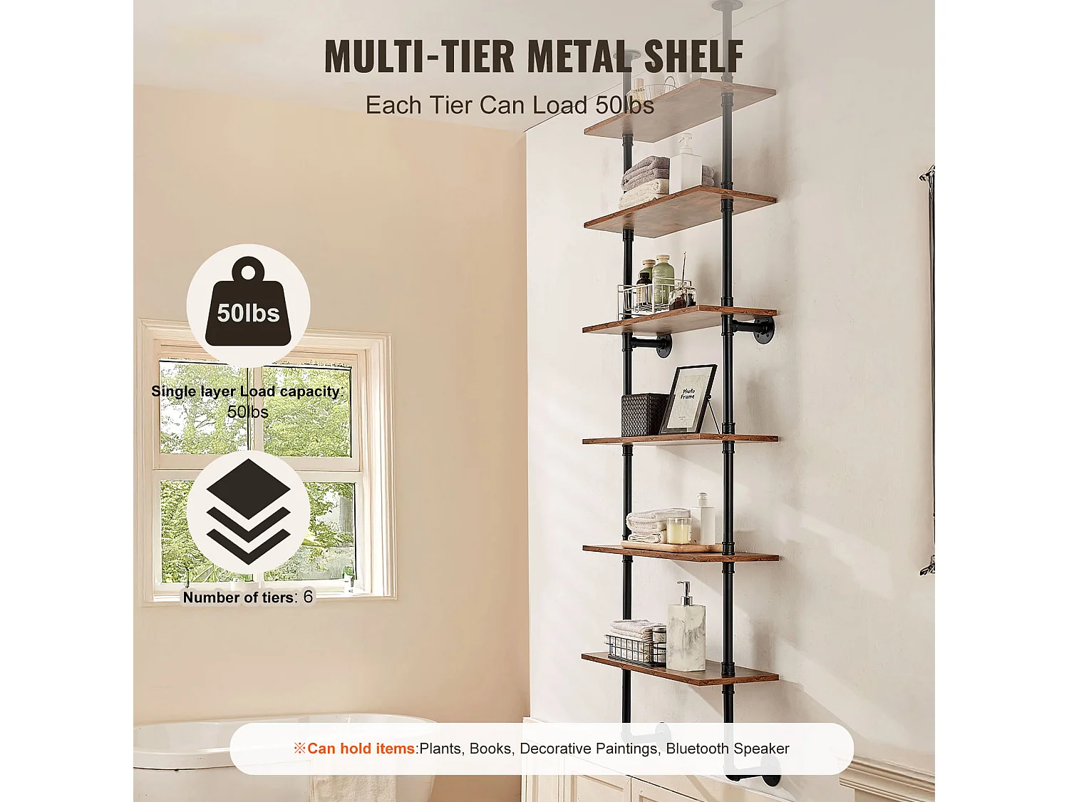 Étagère SucceBuy Étagère à 6 Niveaux 62 x 25 CM, Fixation Murale, Rangement, Bois/Métal, Noir, Salon