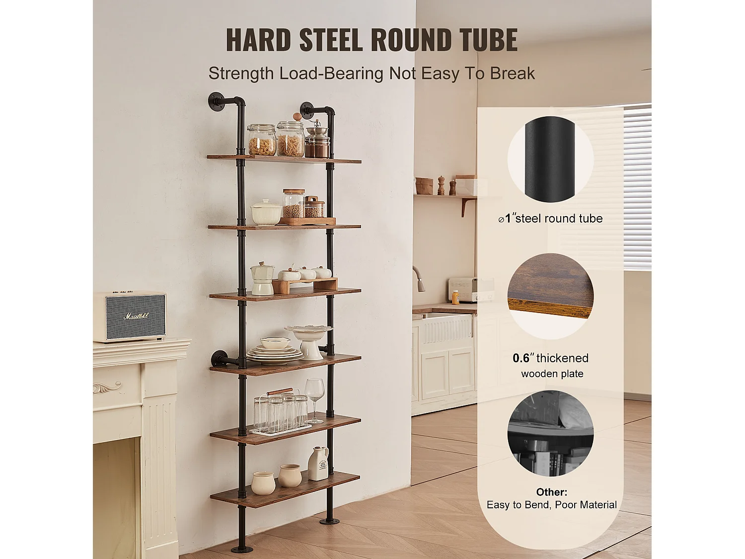 Étagère SucceBuy Étagère à 6 Niveaux 62 x 25 CM, Fixation Murale, Rangement, Bois/Métal, Noir, Salon