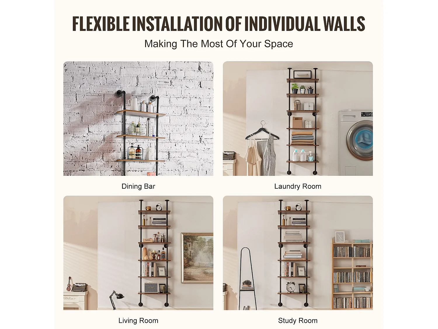 Étagère SucceBuy Étagère à 6 Niveaux 62 x 25 CM, Fixation Murale, Rangement, Bois/Métal, Noir, Salon