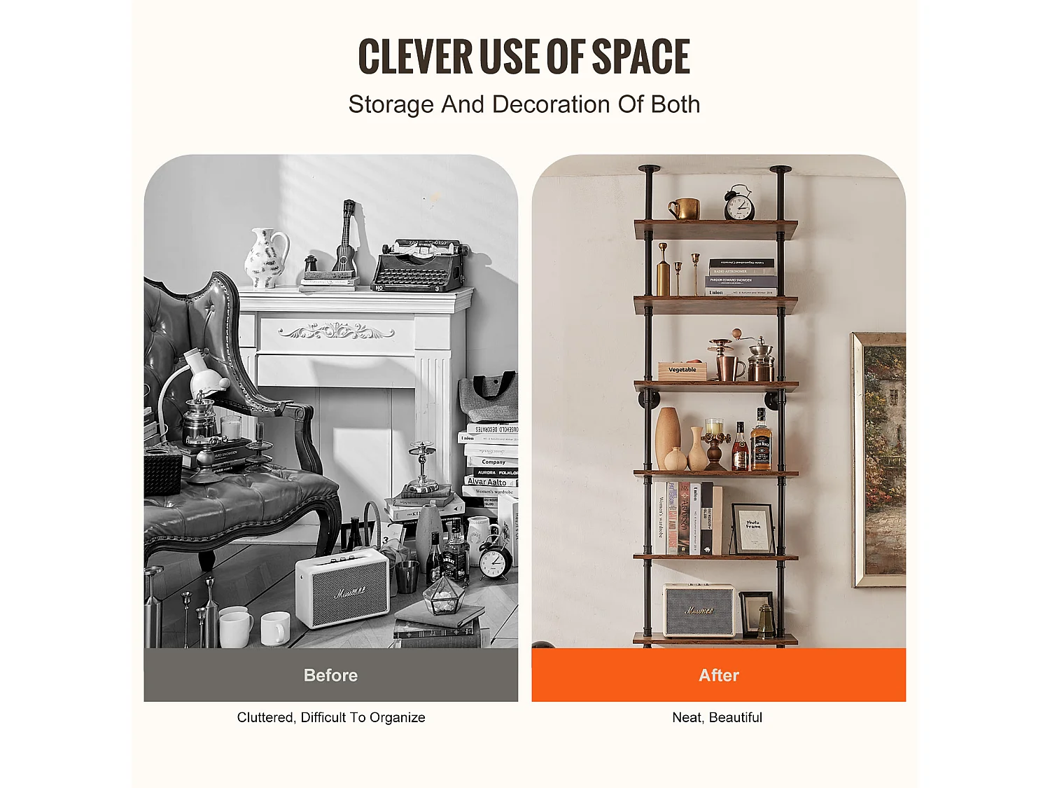 Étagère SucceBuy Étagère à 6 Niveaux 62 x 25 CM, Fixation Murale, Rangement, Bois/Métal, Noir, Salon