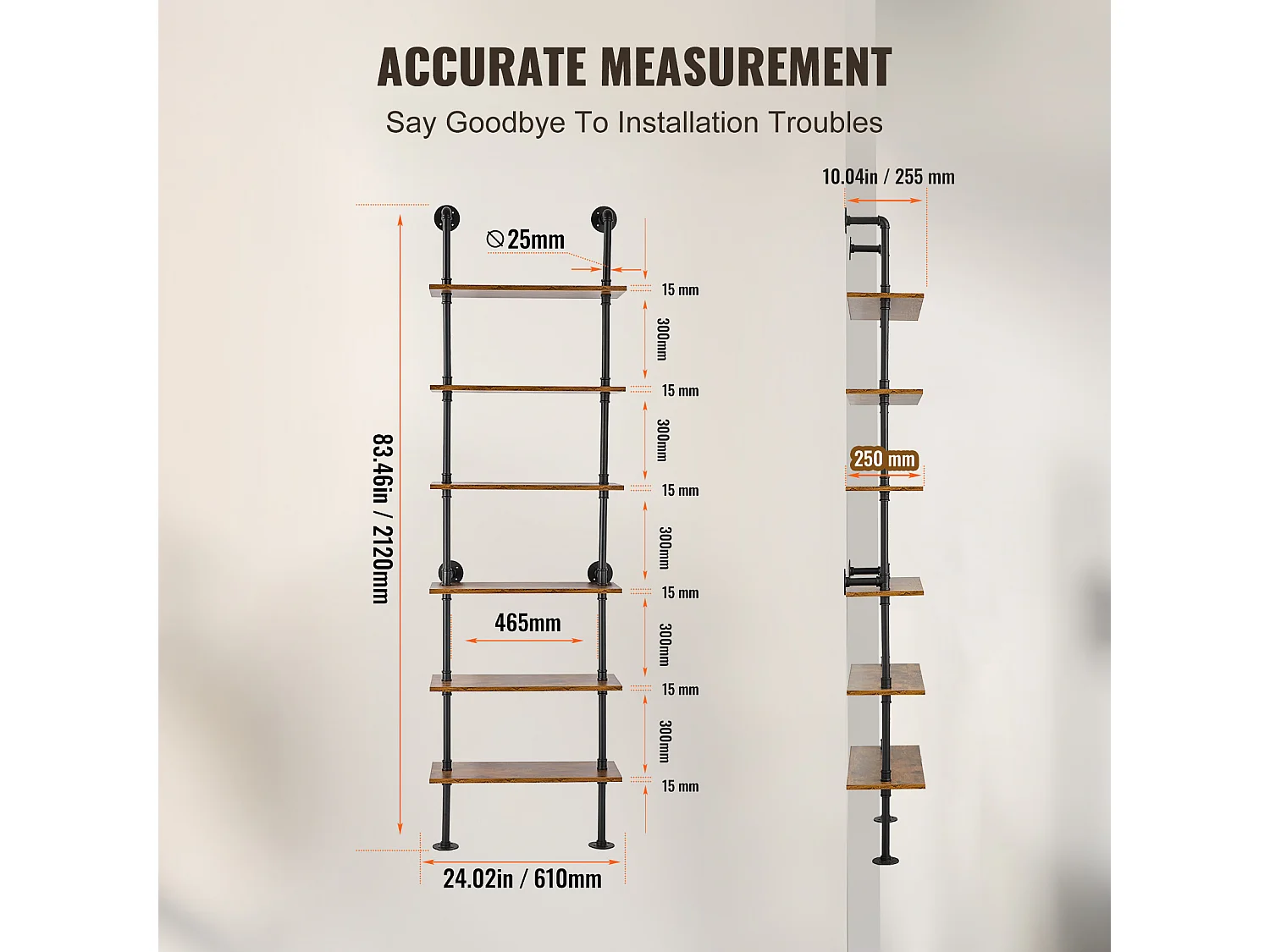 Étagère SucceBuy Étagère à 6 Niveaux 62 x 25 CM, Fixation Murale, Rangement, Bois/Métal, Noir, Salon