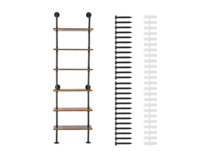 Plank SucceBuy Shelf 6-laags Plank 62 x 25 cm, Wandmontage, Opbergruimte, Hout/Metaal, Zwart, Woonkamer