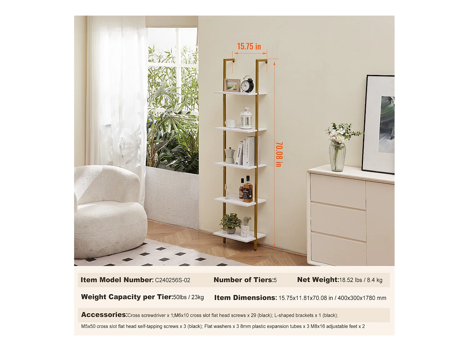 Étagère Murale, Étagère Murale Carrée Industrielle à 5 Niveaux, 40 x 30 CM, or et Blanc