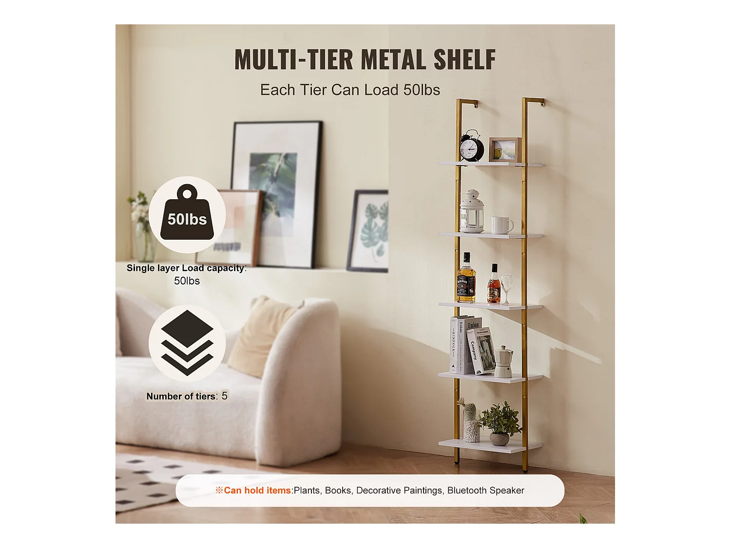 Étagère Murale, Étagère Murale Carrée Industrielle à 5 Niveaux, 40 x 30 CM, or et Blanc