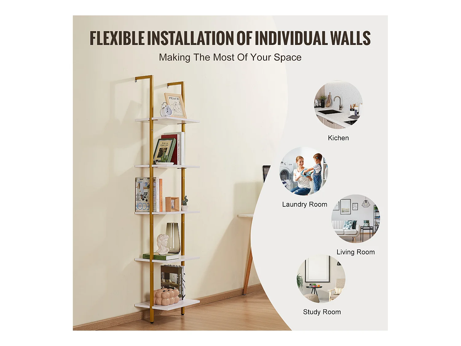 Étagère Murale, Étagère Murale Carrée Industrielle à 5 Niveaux, 40 x 30 CM, or et Blanc