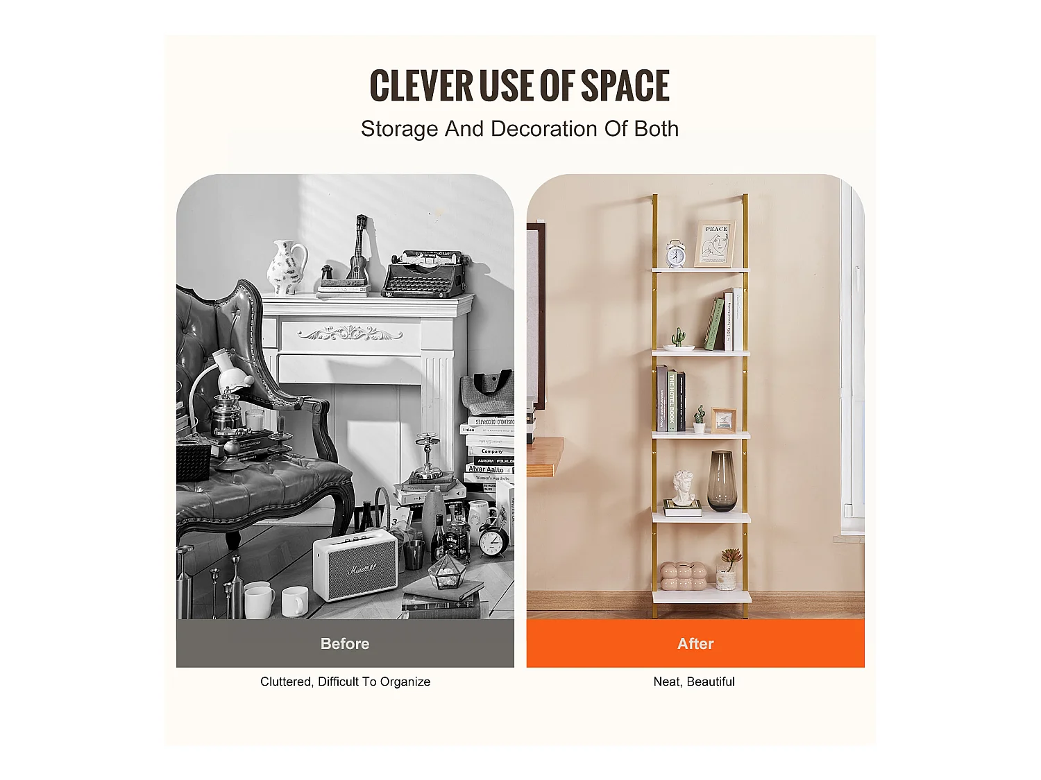 Étagère Murale, Étagère Murale Carrée Industrielle à 5 Niveaux, 40 x 30 CM, or et Blanc