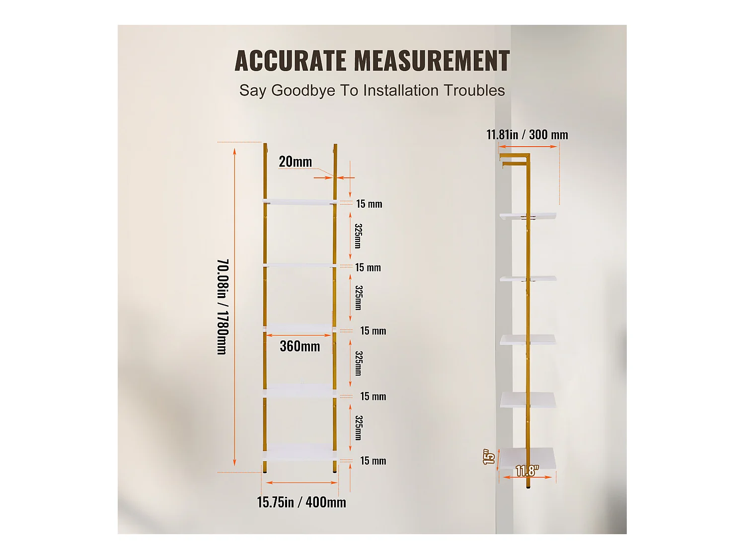 Étagère Murale, Étagère Murale Carrée Industrielle à 5 Niveaux, 40 x 30 CM, or et Blanc