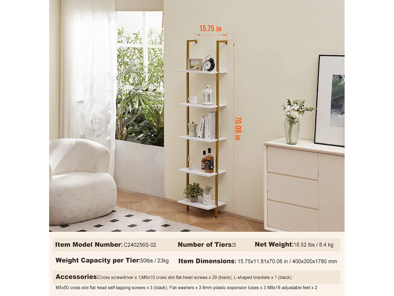 Industrieregal SucceBuy Shelf 5-Stöckiges Quadratisches Wandregal im Industriestil, 40 x 30 cm, Gold und Weiß