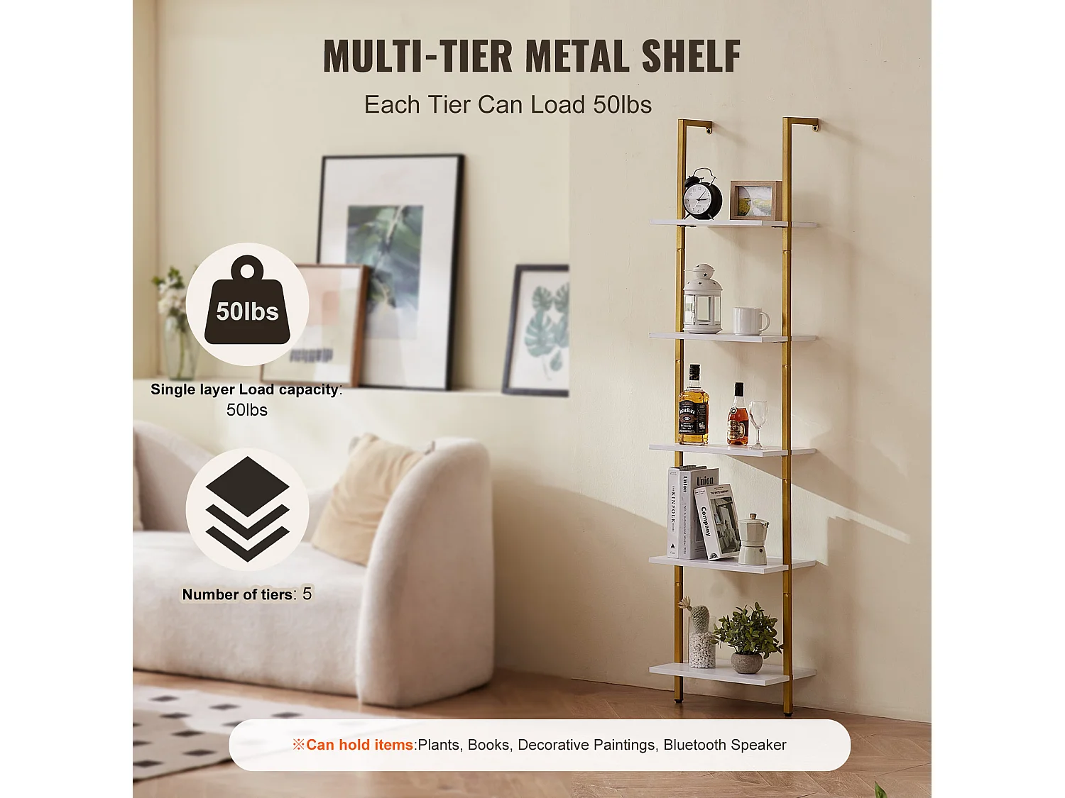 Industrieregal SucceBuy Shelf 5-Stöckiges Quadratisches Wandregal im Industriestil, 40 x 30 cm, Gold und Weiß