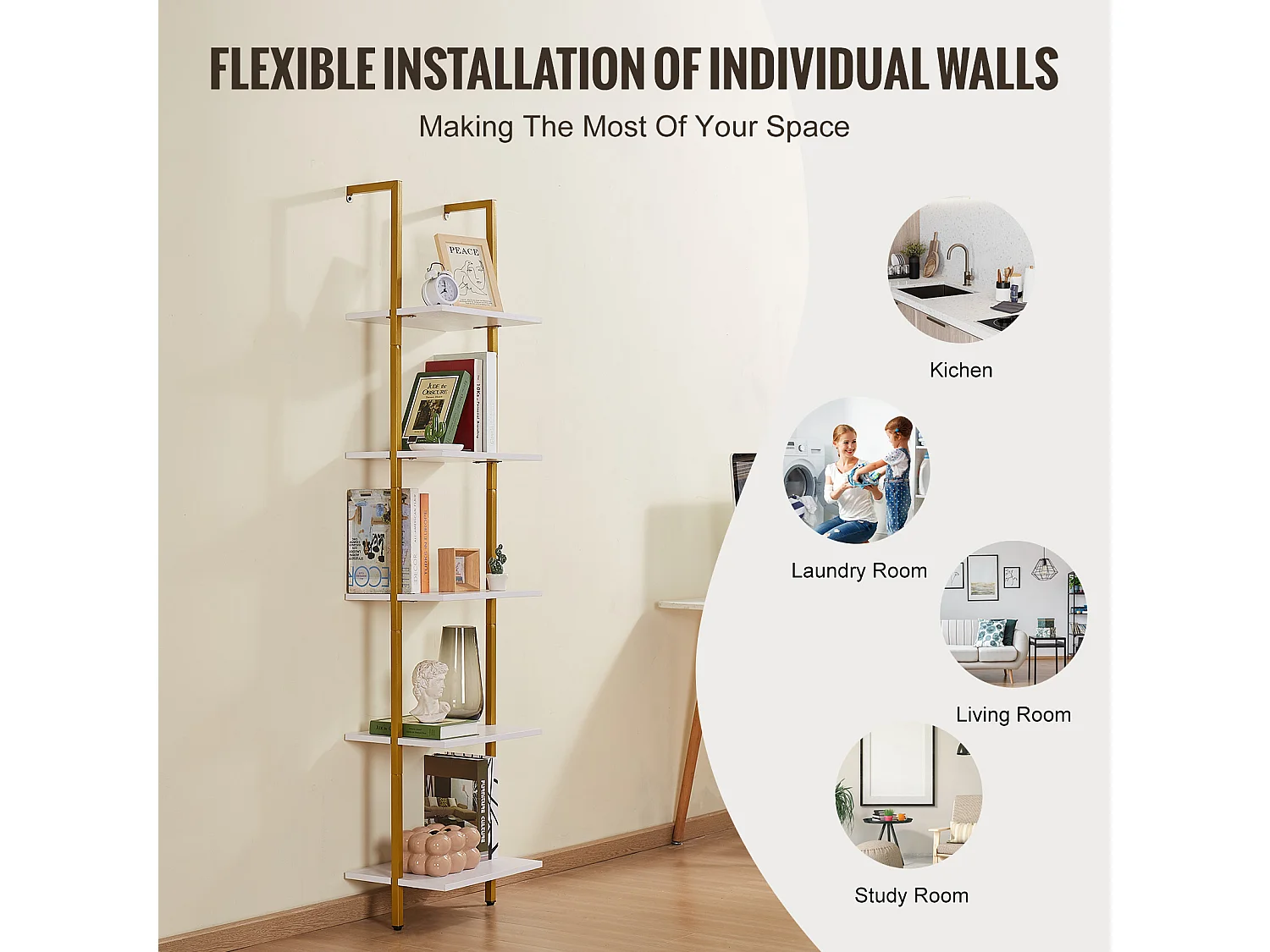 Industrieregal SucceBuy Shelf 5-Stöckiges Quadratisches Wandregal im Industriestil, 40 x 30 cm, Gold und Weiß