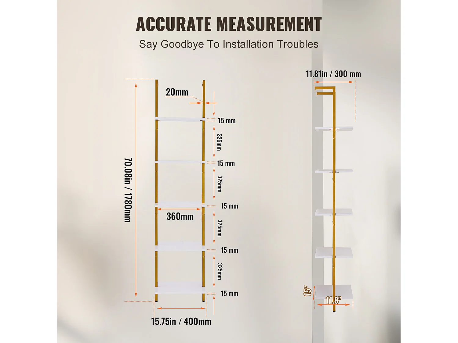Industrieregal SucceBuy Shelf 5-Stöckiges Quadratisches Wandregal im Industriestil, 40 x 30 cm, Gold und Weiß