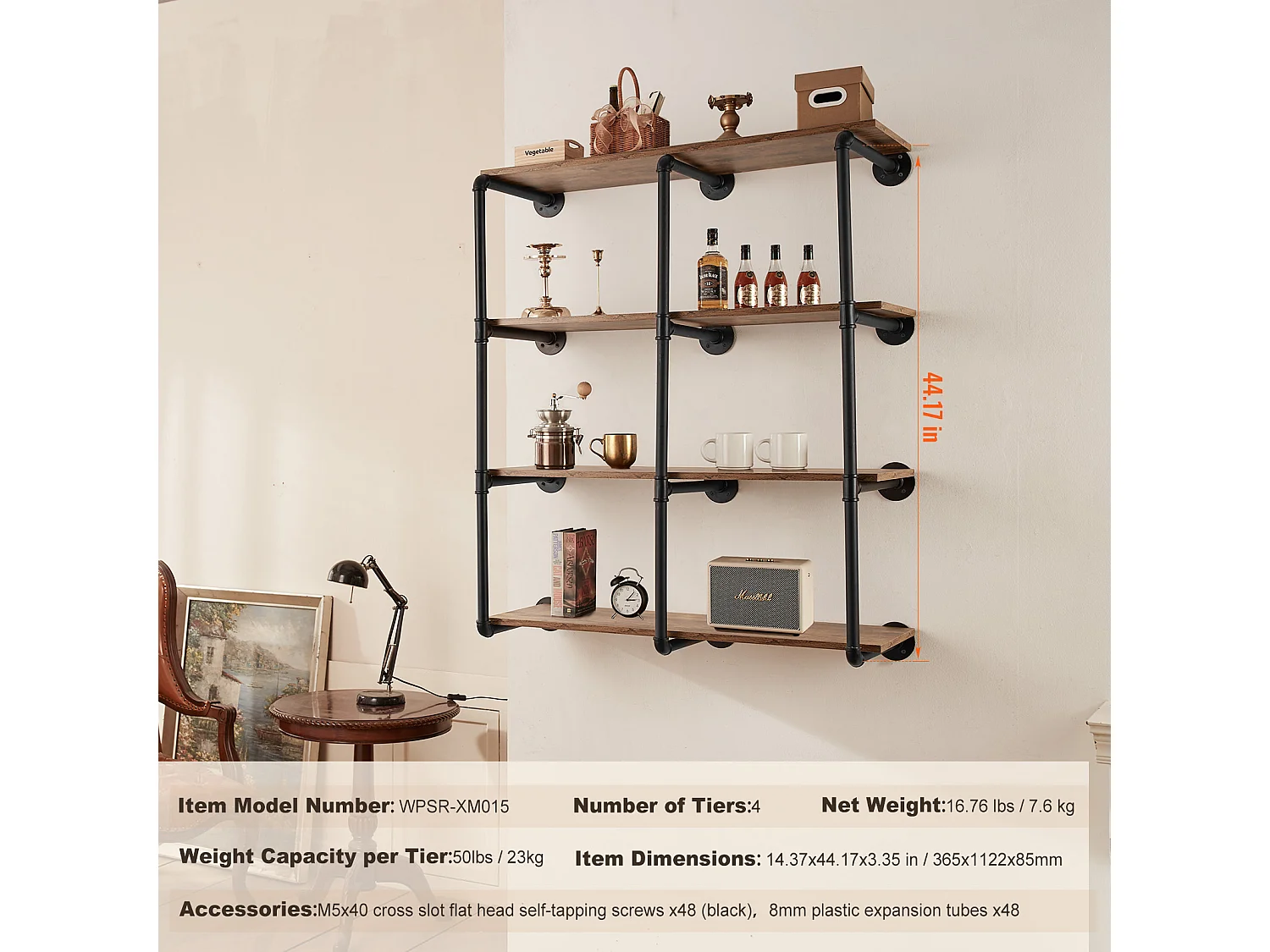 Étagère Mural, Étagère à 4 Niveaux, 3 Pièces, 30cm de Largeur, Montage Mural, Rangement, Bois/Métal, Chambre à Coucher, non Colorée