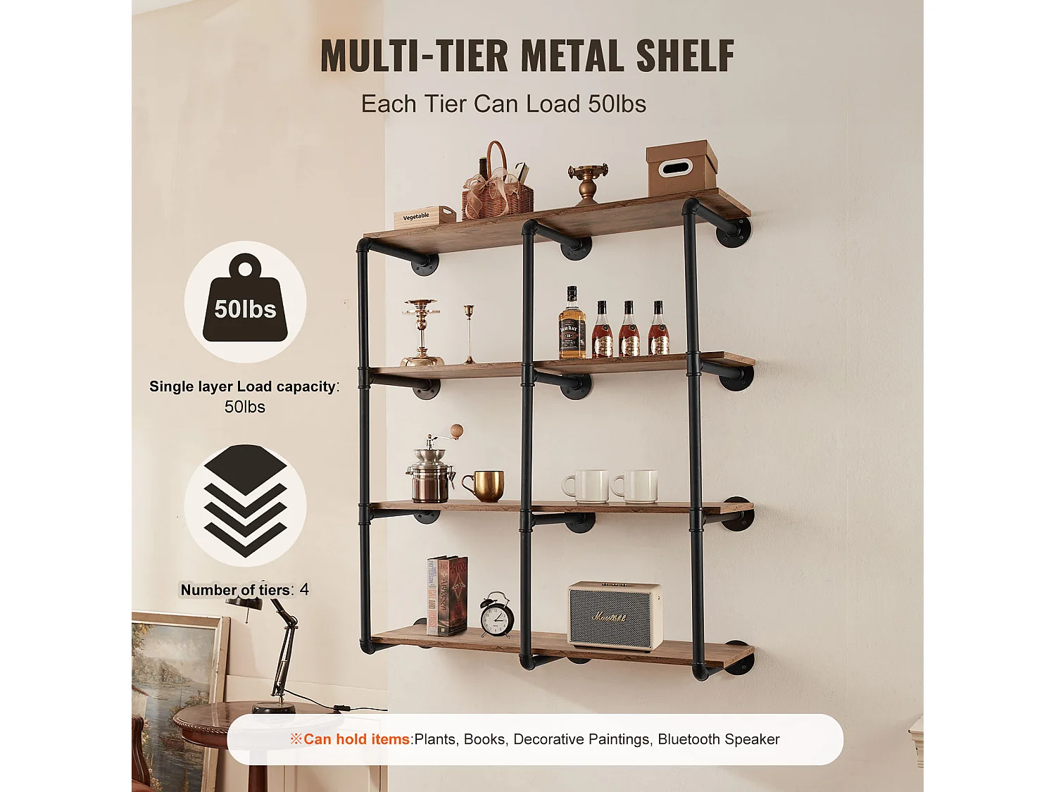 Étagère Mural, Étagère à 4 Niveaux, 3 Pièces, 30cm de Largeur, Montage Mural, Rangement, Bois/Métal, Chambre à Coucher, non Colorée