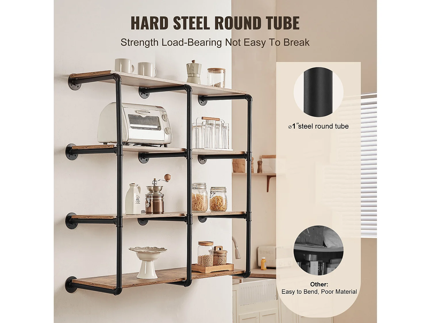 Étagère Mural, Étagère à 4 Niveaux, 3 Pièces, 30cm de Largeur, Montage Mural, Rangement, Bois/Métal, Chambre à Coucher, non Colorée