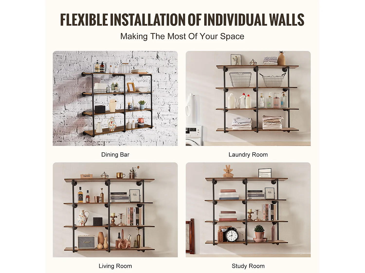 Étagère Mural, Étagère à 4 Niveaux, 3 Pièces, 30cm de Largeur, Montage Mural, Rangement, Bois/Métal, Chambre à Coucher, non Colorée