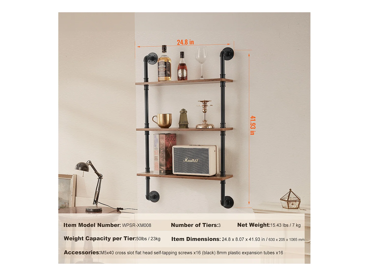 Étagère Mural, Étagère Industrielle à 3 Niveaux, 61 x 20 CM, Montage Mural, Cuisine, Chambre à Coucher