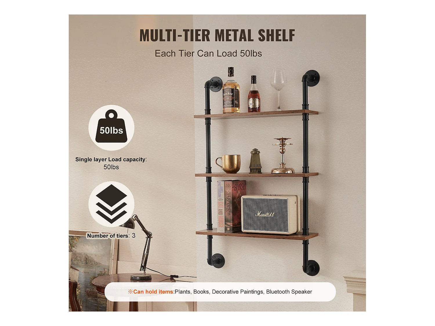 Étagère Mural, Étagère Industrielle à 3 Niveaux, 61 x 20 CM, Montage Mural, Cuisine, Chambre à Coucher