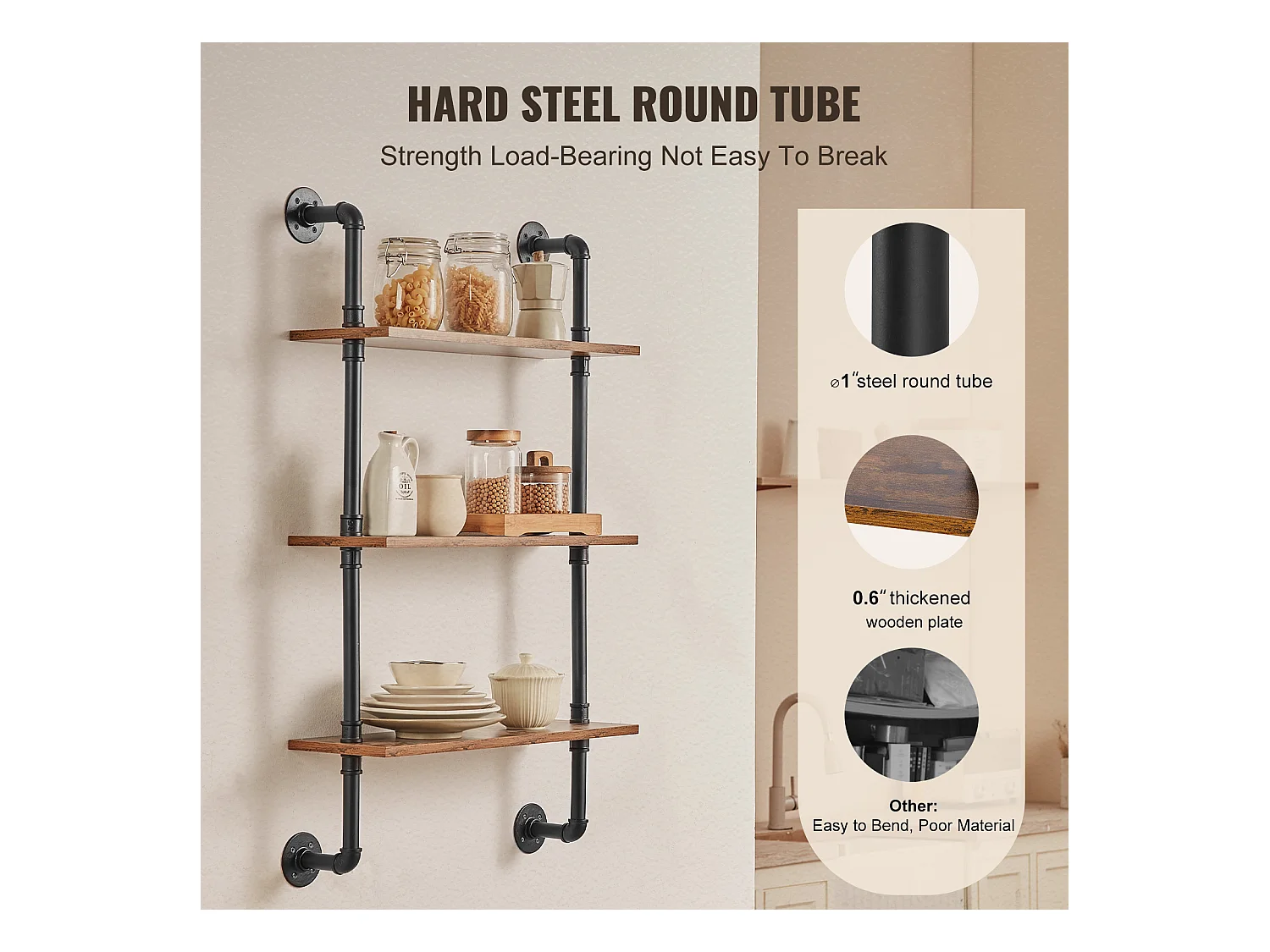 Étagère Mural, Étagère Industrielle à 3 Niveaux, 61 x 20 CM, Montage Mural, Cuisine, Chambre à Coucher