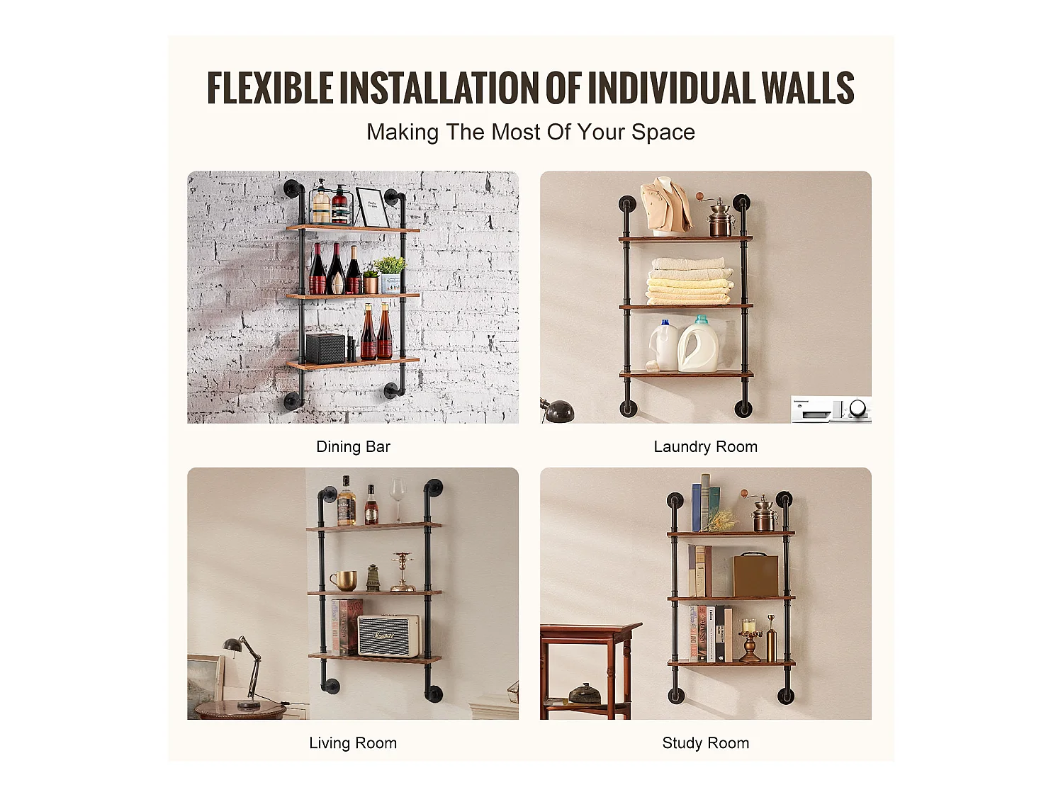 Étagère Mural, Étagère Industrielle à 3 Niveaux, 61 x 20 CM, Montage Mural, Cuisine, Chambre à Coucher