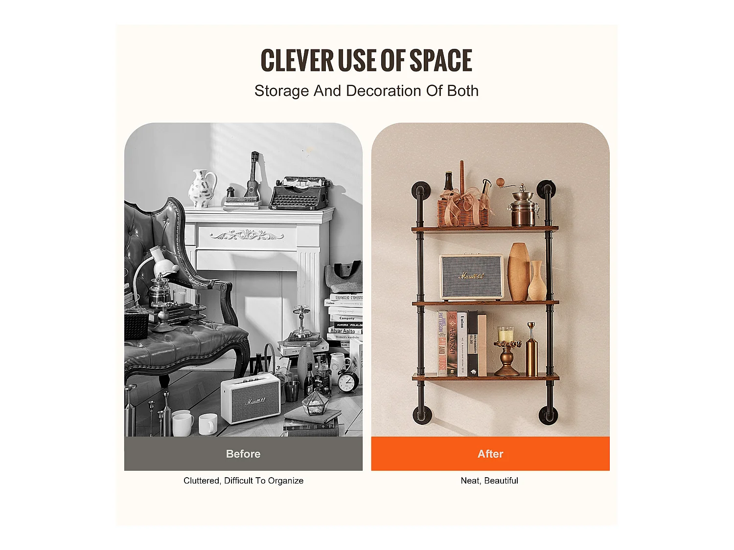 Étagère Mural, Étagère Industrielle à 3 Niveaux, 61 x 20 CM, Montage Mural, Cuisine, Chambre à Coucher