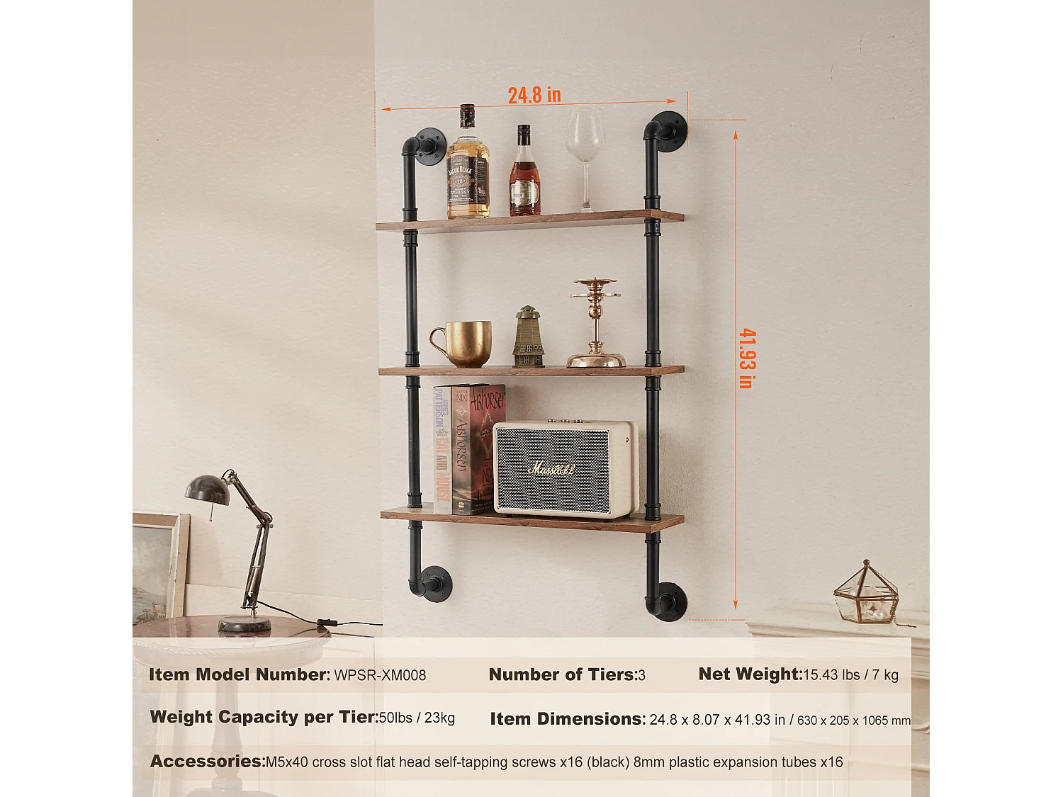 Étagère Mural, Étagère Industrielle à 3 Niveaux, 61 x 20 CM, Montage Mural, Cuisine, Chambre à Coucher